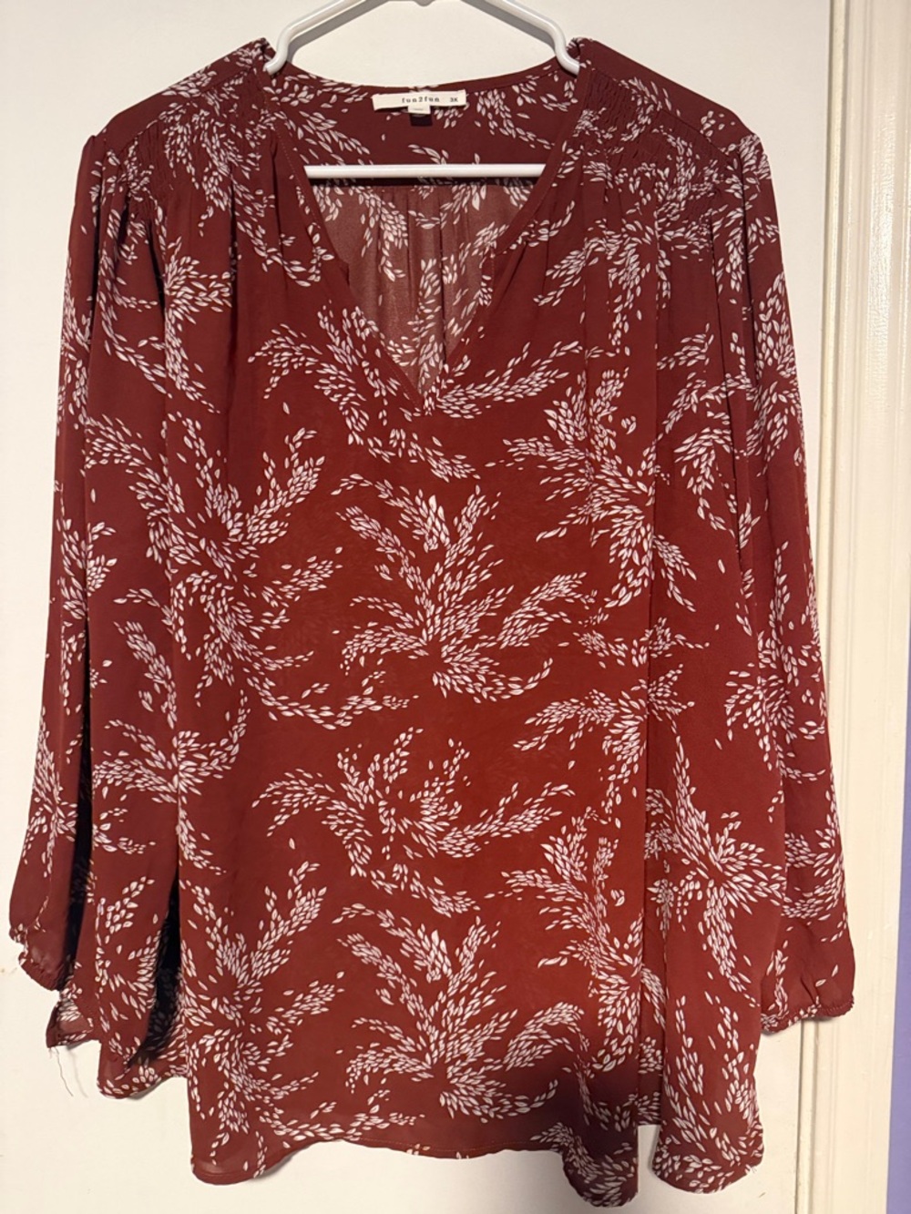 fun 2 fun Rust Red & White V-Neck Botanical Print Blouse